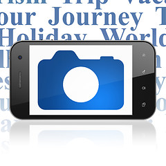 Image showing Vacation concept: Smartphone with Photo Camera on display