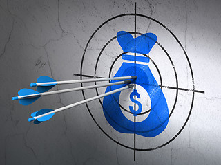 Image showing Finance concept: arrows in Money Bag target on wall background