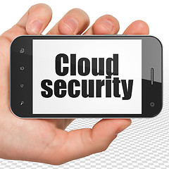 Image showing Cloud computing concept: Hand Holding Smartphone with Cloud Security on display