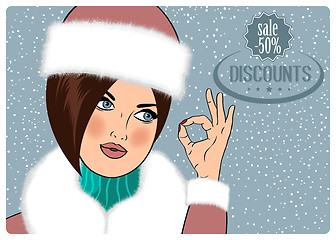 Image showing Sexy, beautiful woman in the winter announcing sale discounts