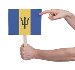 Image showing Hand holding small card - Flag of Barbados