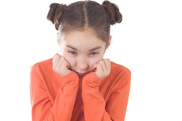 Image showing Sad girl with hands on chin