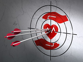 Image showing Insurance concept: arrows in Heart And Palm target on wall background