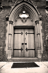 Image showing wooden parliament in london old church door and marble antique  