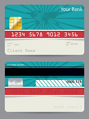 Image showing Credit card in turquoise and red with bursting world map