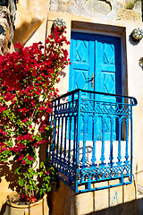 Image showing blue door in antique village flower   white wall