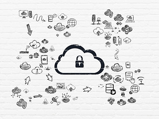 Image showing Cloud networking concept: Cloud With Padlock on wall background