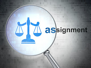 Image showing Law concept: Scales and Assignment with optical glass