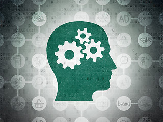 Image showing Advertising concept: Head With Gears on Digital Paper background