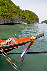 Image showing  boat coastline of a  green lagoon and tree     bay  