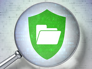 Image showing Business concept: Folder With Shield with optical glass on digital background