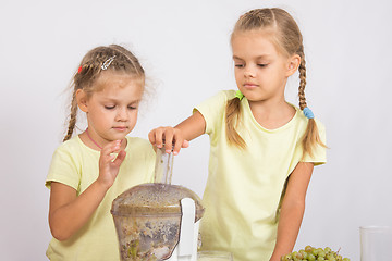 Image showing Two sisters squeezed fruit juice in a juicer