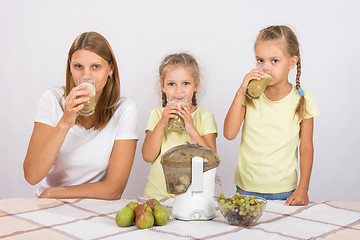 Image showing Mother and two daughters drinking freshly made juice