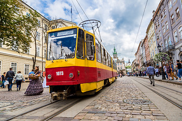 Image showing Old  tram is in the historic center of Lviv.