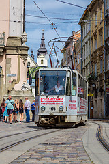 Image showing Old  tram is in the historic center of Lviv.