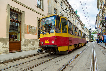 Image showing Old  tram is in the historic center of Lviv.