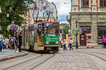 Image showing Old  tram is in the historic center of Lviv.