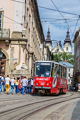 Image showing Old  tram is in the historic center of Lviv.