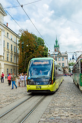 Image showing Old  tram is in the historic center of Lviv.