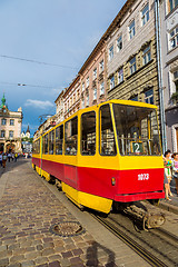 Image showing Old  tram is in the historic center of Lviv.