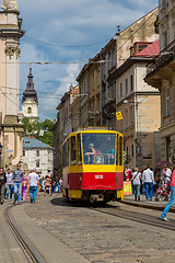 Image showing Old  tram is in the historic center of Lviv.