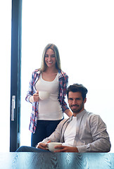 Image showing relaxet young couple drink first morning coffee