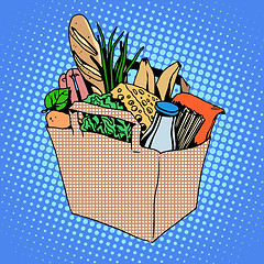 Image showing Grocery bag full of food cheese milk bread fruit herbs sausage m