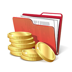 Image showing Stack of gold coins next to folder with documents