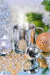 Image showing Christmas decorations with a mug of hot coffee