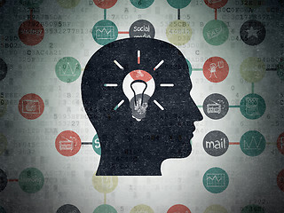 Image showing Advertising concept: Head With Light Bulb on Digital Paper background