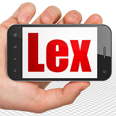 Image showing Law concept: Hand Holding Smartphone with Lex on display
