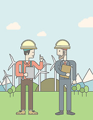 Image showing Two man with wind turbines.