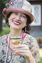 Image showing 1920s Dressed Girl With Glass of Wine Portrait