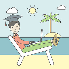 Image showing Man in graduation cap on seashore. 