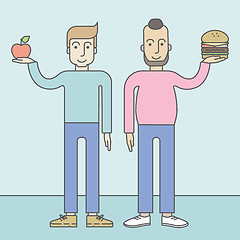 Image showing Men standing with hamburger and apple.