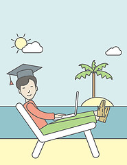 Image showing Man in graduation cap on seashore. 