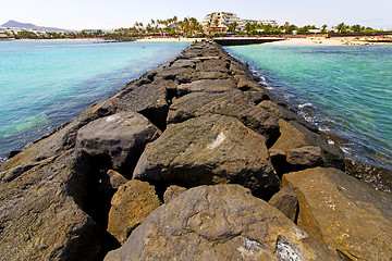 Image showing white hotel  lanzarote  in spain   beach  stone  