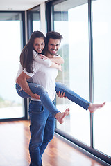 Image showing happy young romantic couple have fun and  relax at home