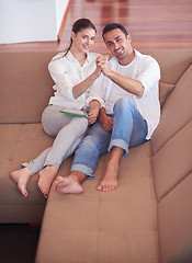 Image showing happy young romantic couple have fun and  relax at home