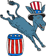 Image showing Democrat Donkey Mascot Jumping Over Barrel Cartoon