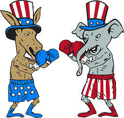 Image showing Democrat Donkey Boxer and Republican Elephant Mascot Cartoon