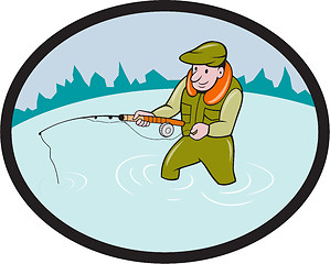 Image showing Fly Fisherman Casting Fly Rod Oval Cartoon