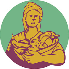 Image showing Female Organic Farmer Basket Harvest Circle Woodcut