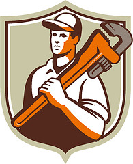 Image showing Plumber Holding Monkey Wrench Crest Retro