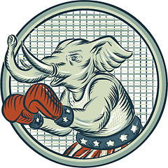 Image showing Republican Elephant Boxer Mascot Circle Etching