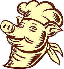 Image showing Pig Chef Cook Head Looking Up Woodcut