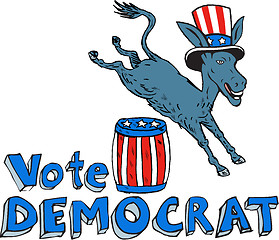 Image showing Vote Democrat Donkey Mascot Jumping Over Barrel Cartoon