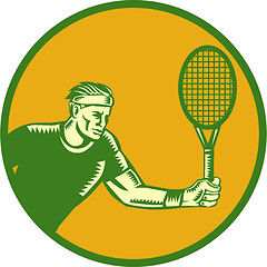 Image showing Tennis Player Forehand Circle Woodcut