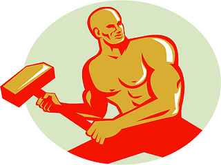 Image showing Athlete With Sledgehammer Training Oval Retro