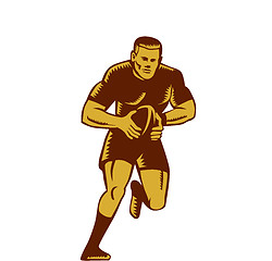 Image showing Rugby Player Running Ball Woodcut